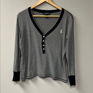 Ralph Lauren Black & White Striped V‑Neck Henley Long Sleeve Top